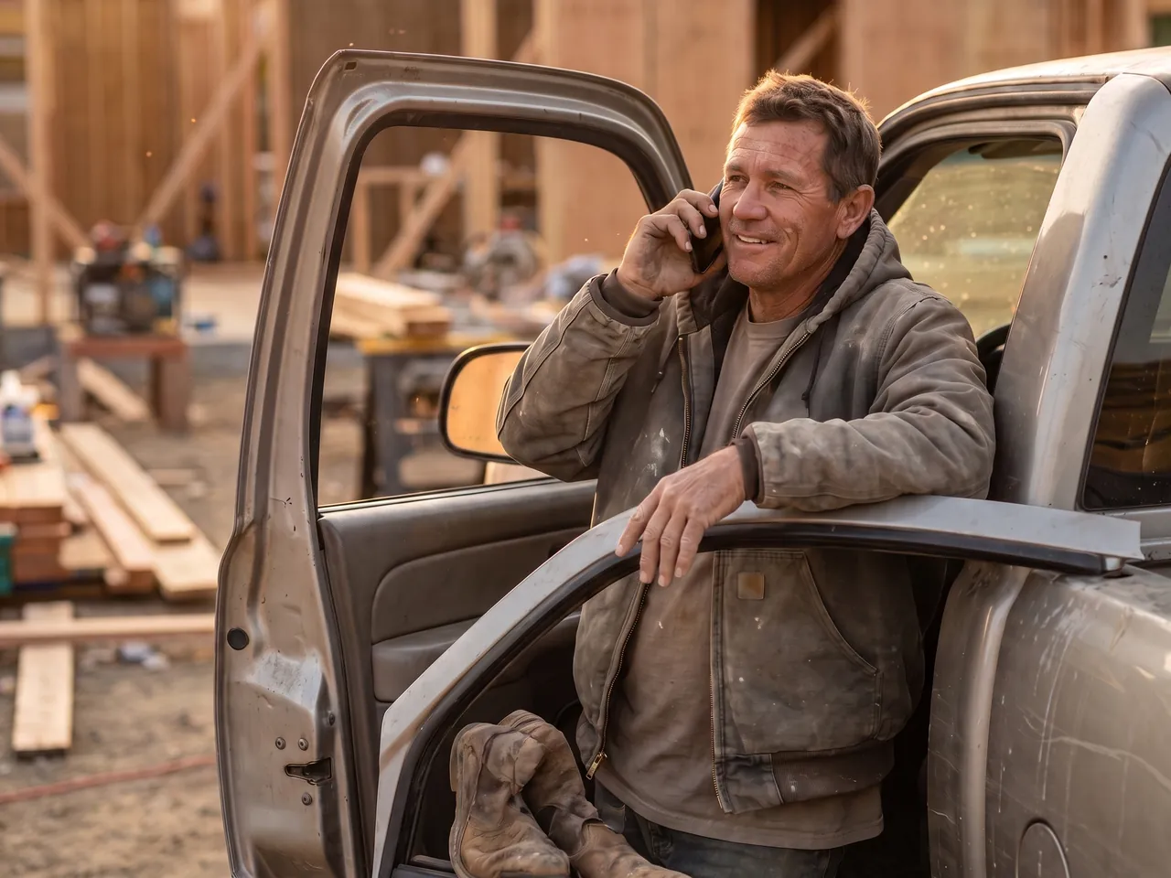 A contractor taking a support call at his truck at the end of the day