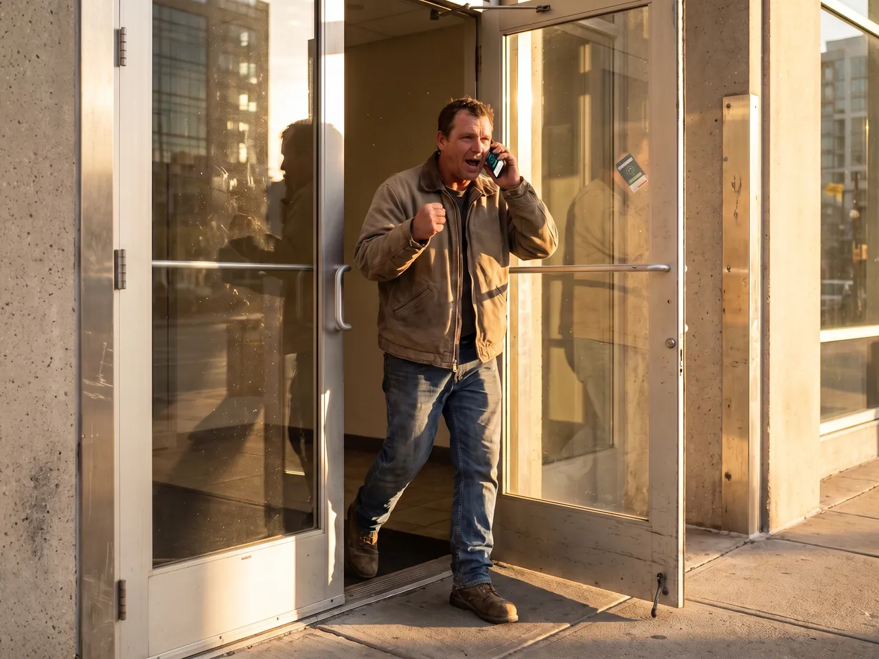 A contractor celebrating on a phone call outside the exam center