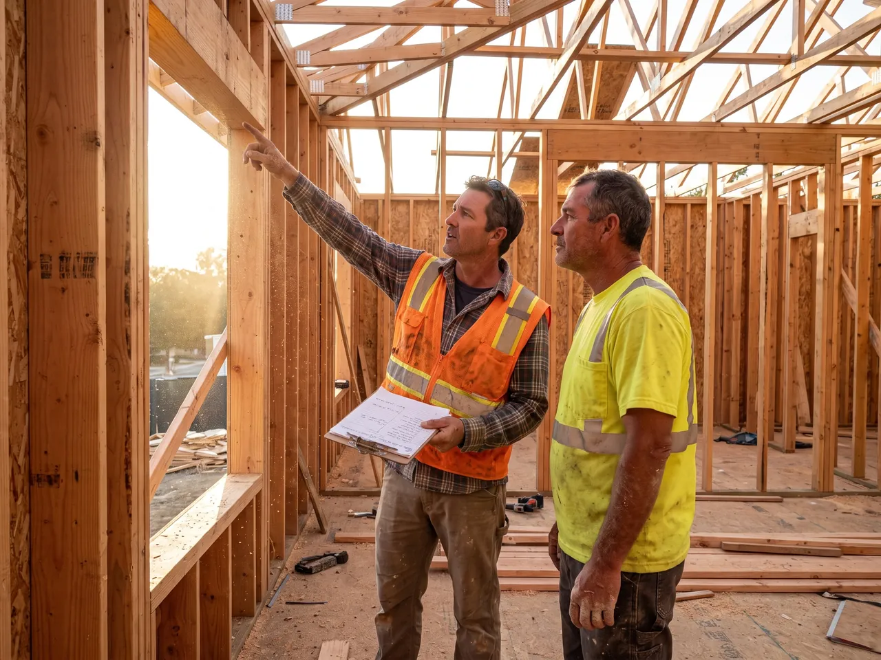 A licensed contractor walking a framed home with a crew member