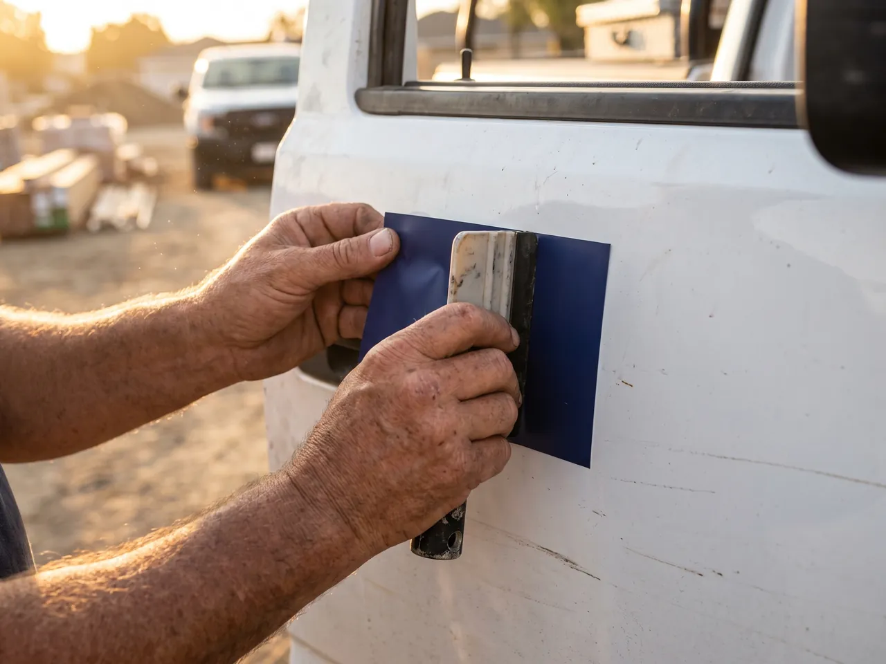 Hands applying a new business decal to a work truck door