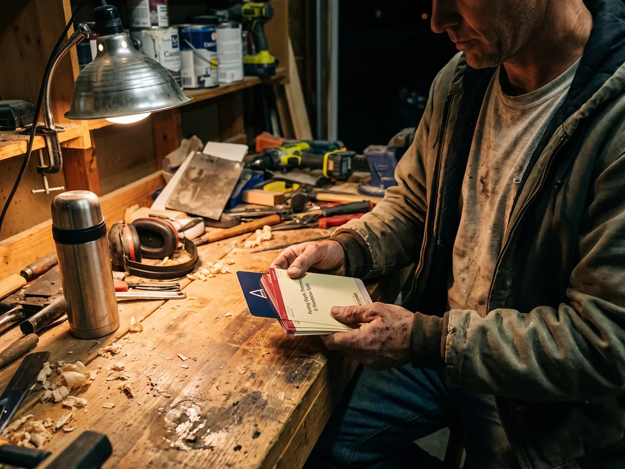 A contractor studying License Ladder cards at his workbench after hours