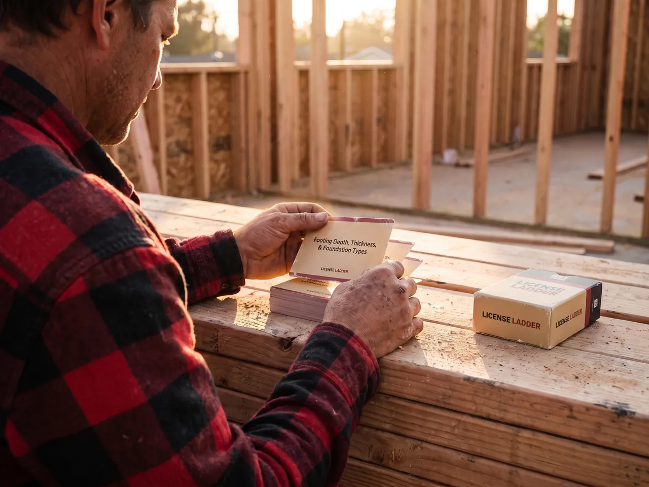 A customer reading License Ladder flashcards on a framed jobsite