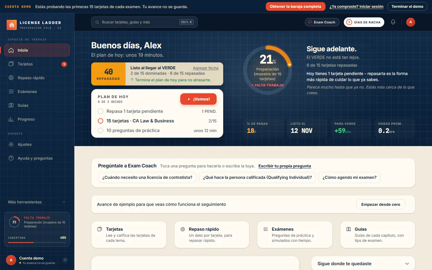 El inicio del demo gratis de License Ladder, con avance de ejemplo y Exam Coach